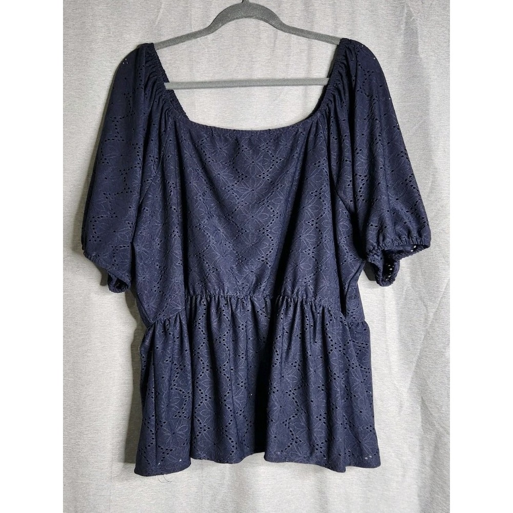 LANE BRYANT Women's Blouse Size 24 Navy Eyelet 3/4 Sleeve Off The Shoulder
